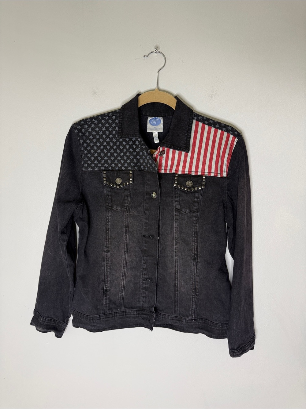 DG2 by Diane Gilman Black Denim Jacket with Flag Shoulder Panels Small